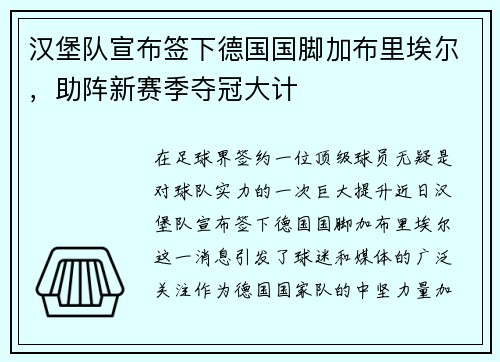 汉堡队宣布签下德国国脚加布里埃尔，助阵新赛季夺冠大计